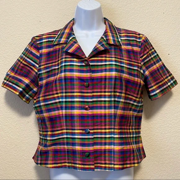 Lucia Lukken VTG Broomskirts Raw Silk Rainbow Pride Tartan Plaid Holiday Top 6 - Picture 1 of 7
